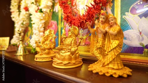 hindu god ganesha idol worship with holy offering and decoration at home at ganesh chaturthi photo