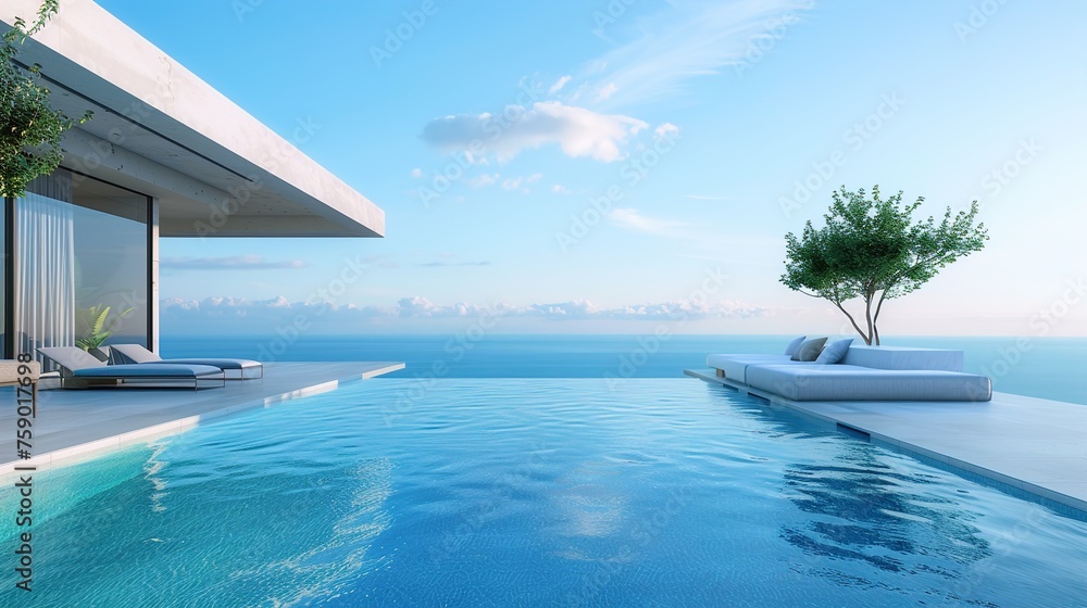 A modern infinity-edge plunge pool overlooking the ocean horizon, designed with sleek lines, minimalist decor, and comfortable seating areas that invite guests to relax in style.