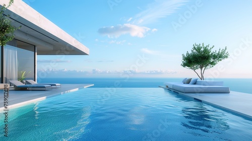 A modern infinity-edge plunge pool overlooking the ocean horizon, designed with sleek lines, minimalist decor, and comfortable seating areas that invite guests to relax in style. © ZQ Art Gallery 
