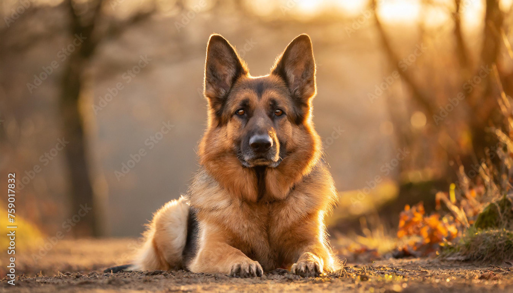 Naklejka premium German Shepard laying on the ground in park during sunset.