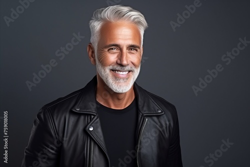 Portrait of a handsome senior man in black leather jacket against grey background.