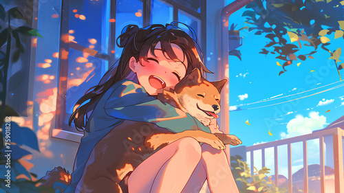 Cute anime idol girl hugging a happy dog