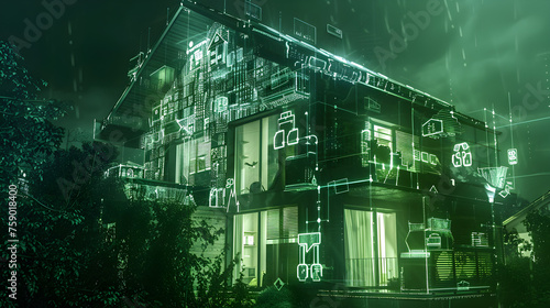 An eco - conscious house with a smart waste management system, partially covered by an opaque overlay of recycling symbols, against a dark green background.