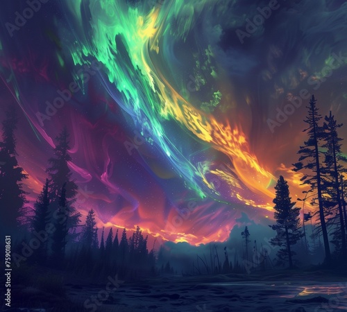A surreal aurora dancing across the night sky above a sprawling boreal forest, painting the heavens with vibrant ribbons of color