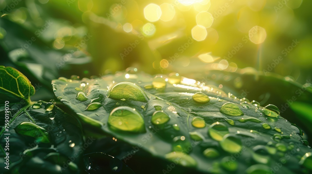 Morning dew drops shine in the sun. Beautiful leaf texture in nature natural background