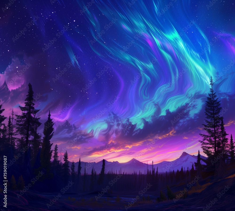 A surreal aurora dancing across the night sky above a sprawling boreal forest, painting the heavens with vibrant ribbons of color