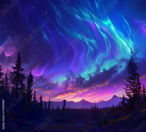 A surreal aurora dancing across the night sky above a sprawling boreal forest, painting the heavens with vibrant ribbons of color © Dawood