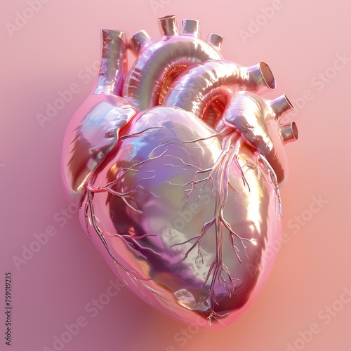 A hyper-realistic showcasing the subtle iridescence of a pink glass anatomical heart set against a harmonious pink background with ample copy space for personalization. photo