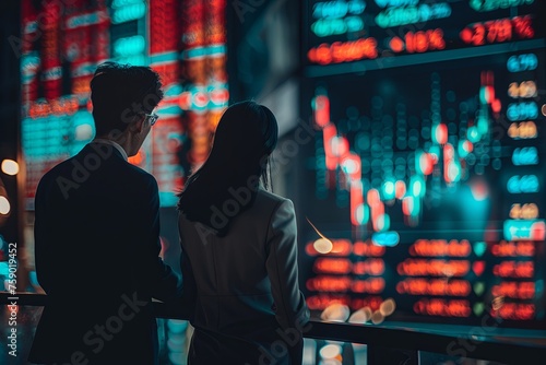 2 business people stand and watch the stocks go down 