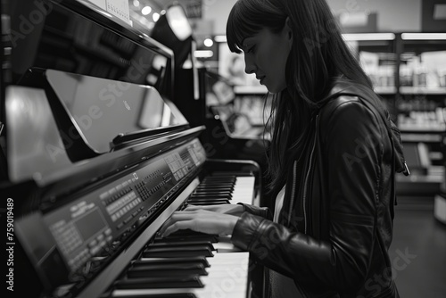 A cinematic portrayal of a 20s woman in a music store, engagingly explaining a digital piano. 