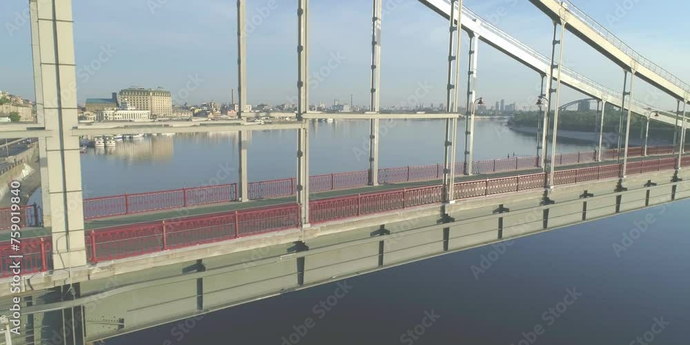 Close up pedestrian bridge for walking and jogging of outdoor summer bridge jogging and walk pedestrian city, street walking view over water, biking and crossing river city Close up pedestrian bridge for walking and jogging of outdoor summer bridge jogging and walk pedestrian city, street walking view over water, biking and crossing river city