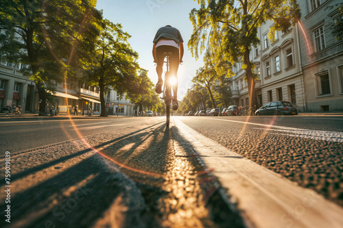 A man riding his bike on the road in the city., dazzling sunlight
