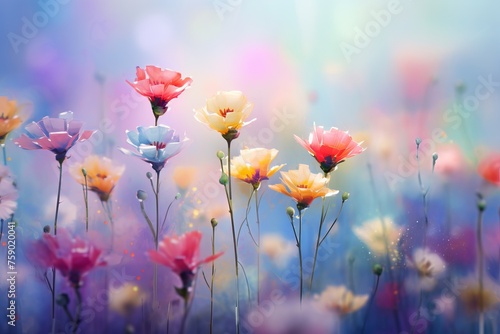 Capture the vibrant colors of spring flowers against a soft, pastel bokeh background. 