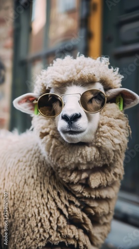 Portrait of a sheep wearing sunglasses on a background of the street