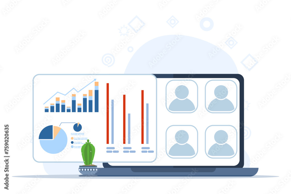 Obraz premium Concept People making project presentation by showing graphs on flipchart and showing laptop, Brainstorming, business presentation concept. flat vector illustration on white background.