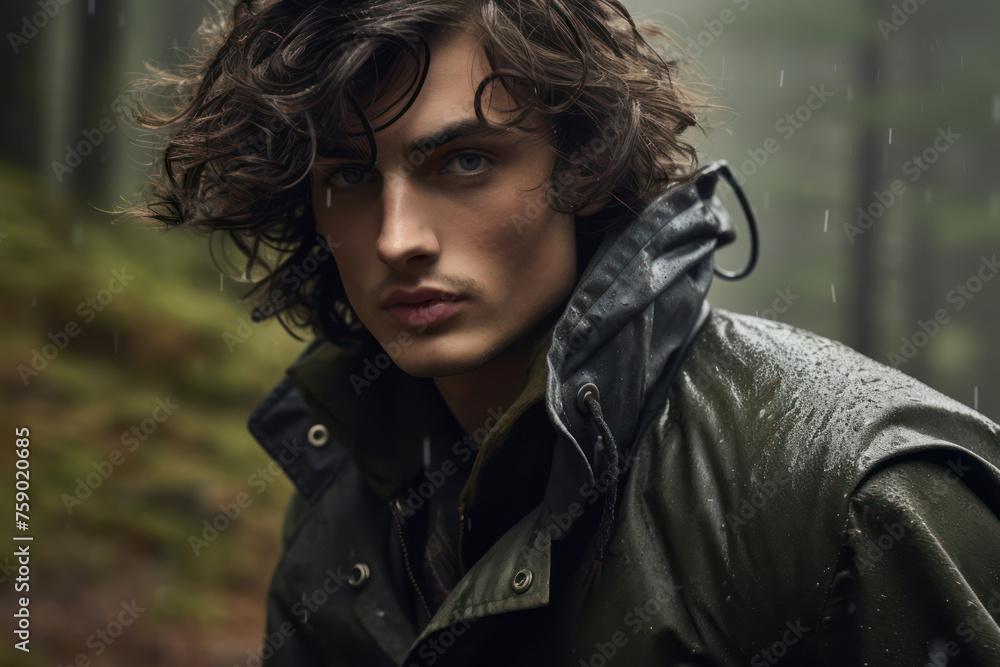 Obraz premium Attractive Caucasian Male Model with Curly Hair Posing in Stylish Black Leather Jacket against White Background