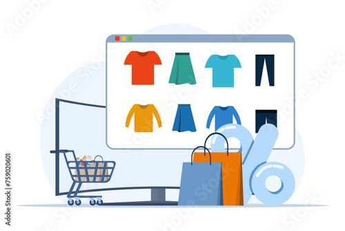 concept of online shopping, e-commerce, flash sale, discount, cashless payment, digital, people doing online shopping transactions, smartphones and shopping cards doing online shopping.