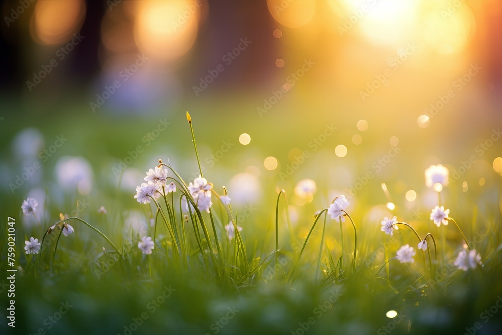 Embrace the freshness of spring mornings with a bokeh background of dew-kissed grass and flowers