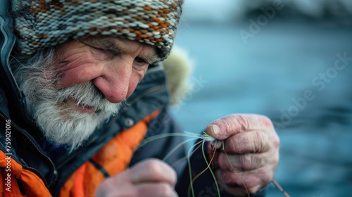 A fisherman ties a fly on a Danish stage.