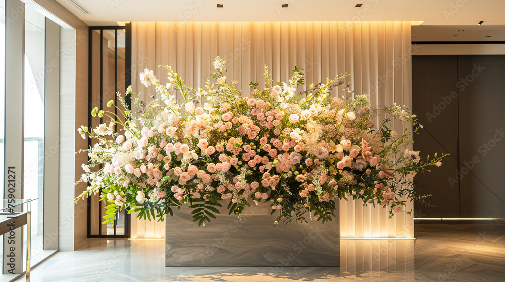 A lobby featuring a big floral arrangement as the main feature and contemporary, minimalist décor