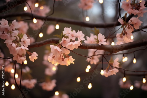 Embrace the romance of spring evenings with a bokeh background of twinkling fairy lights draped over blossoming trees. 