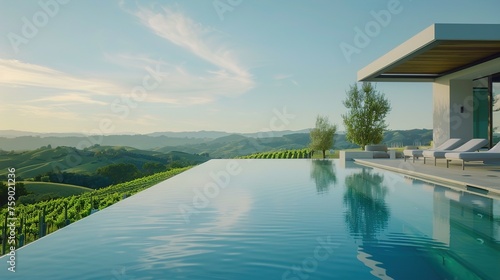 A modern infinity-edge swimming pool overlooking rolling hills and vineyards in the distance, creating a picturesque backdrop for leisurely swims or relaxing moments by the water's edge. © ZQ Art Gallery 