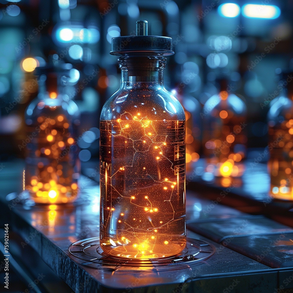 A vial of glowing liquid amidst a chemists close-up, hinting at alchemical secrets A vial of glowing liquid amidst a chemists close-up, hinting at alchemical secrets