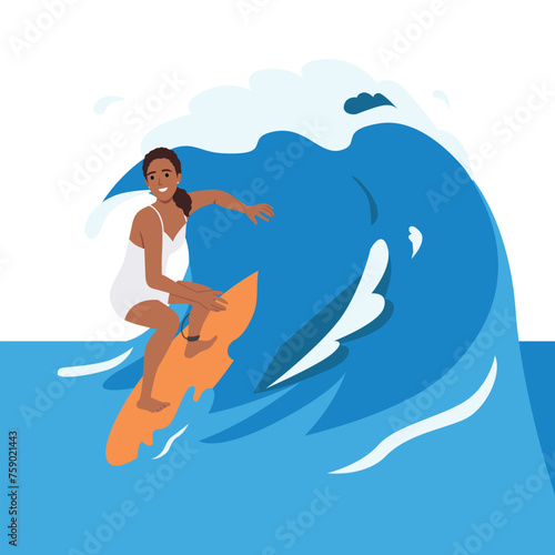 Young surf girl riding ocean wave on board. Flat vector illustration isolated on white background