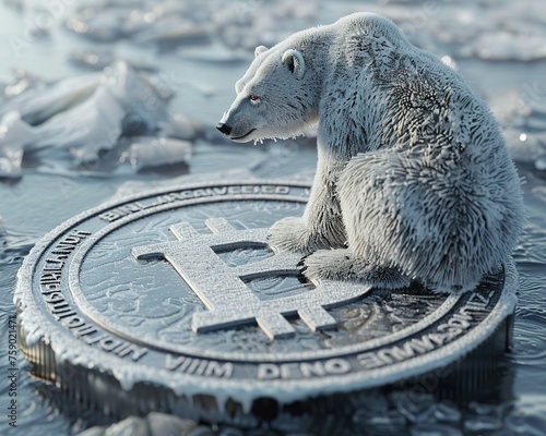 A polar bear sitting on an icetextured Bitcoin merging nature with cryptocurrency themes cool tones