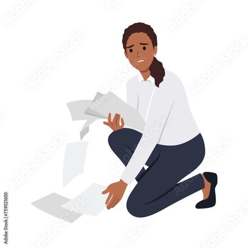 Unhappy businesswoman crying collect scattered on floor papers. Flat vector illustration isolated on white background