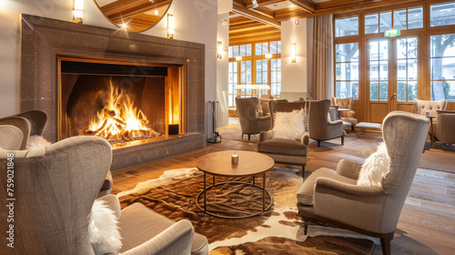 Comfortable sofas and a warm fireplace in the hotel lobby for visitors to unwind in