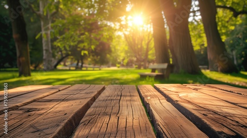 Empty wooden table with green park nature background, Wood table for food and product display over blur green tree garden, Park nature outdoor and wood table in spring and summer, generative ai #759021863