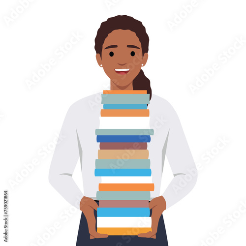 Woman holding stack of books. Bookstore, bookshop. Flat vector illustration isolated on white background