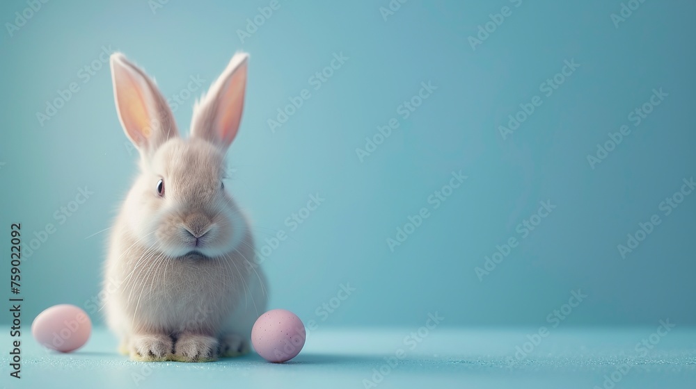 Banner with white rabbit and easter egg on blue background. Generative AI Banner with white rabbit and easter egg on blue background. Generative AI