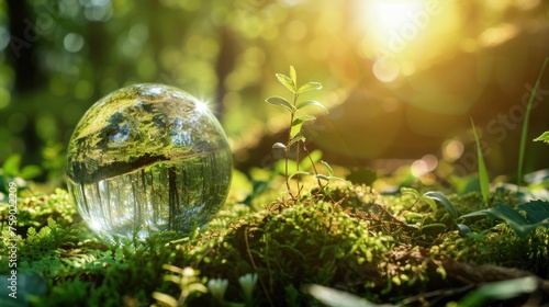 Close up of sphere glass globe in the green nature forest. AI generated image