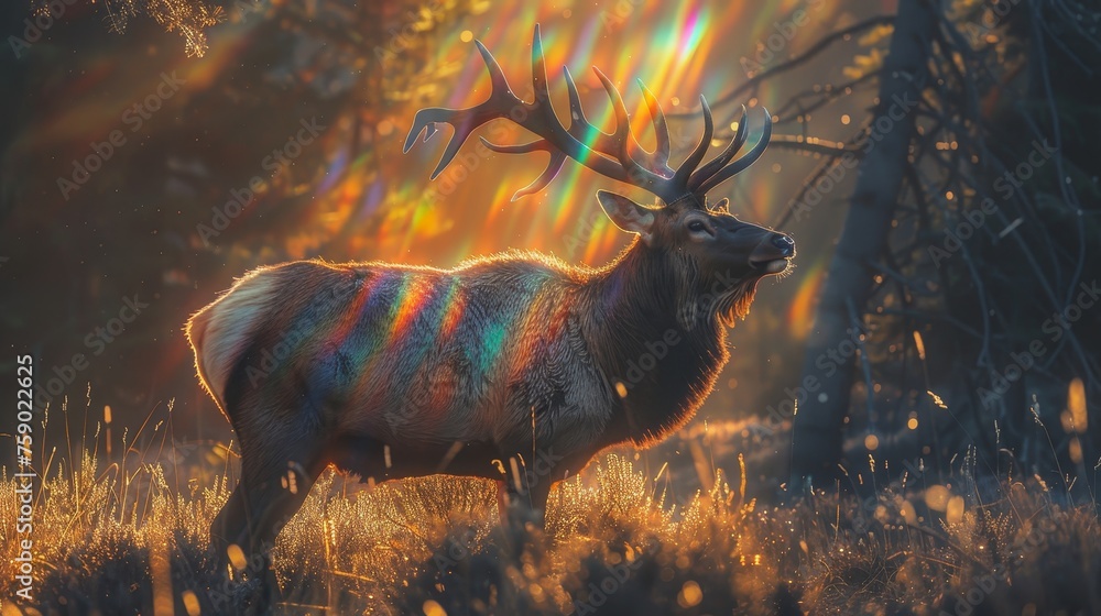 A majestic stag stands in a sunlit forest clearing, its impressive antlers catching a prism of rainbow colors in the golden hour light. - obrazy, fototapety, plakaty 