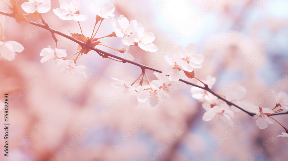 Spring banner, pink sakura. Cherry tree blossom flowers on blurred background and copy space. Romantic spring sunny day. Spring banner, pink sakura. Cherry tree blossom flowers on blurred background and copy space. Romantic spring sunny day.
