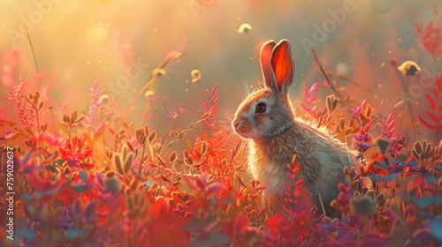A serene rabbit nestles among vibrant wildflowers, bathed in the soft, warm light of the golden hour, creating a peaceful meadow scene.
