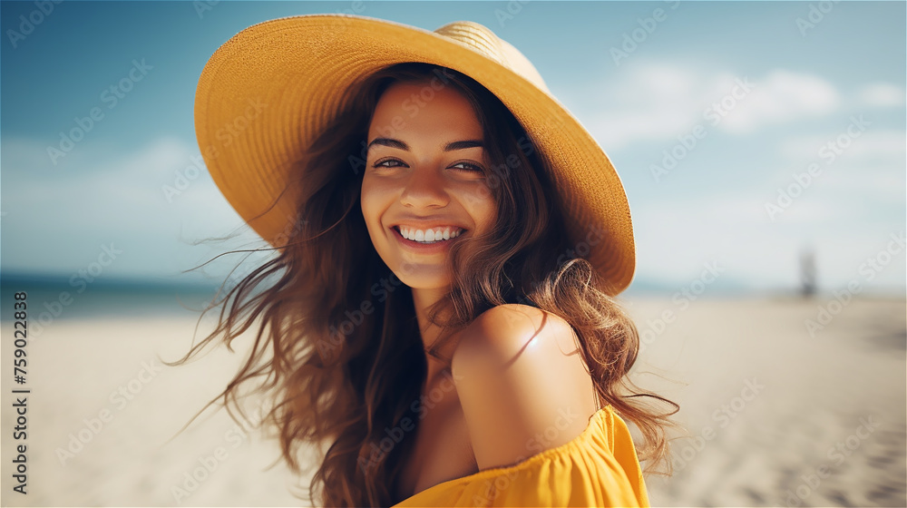 Happy woman on beach. Smiling woman wearing hat. Sunny summer day. Summer vacation and travel concept.
