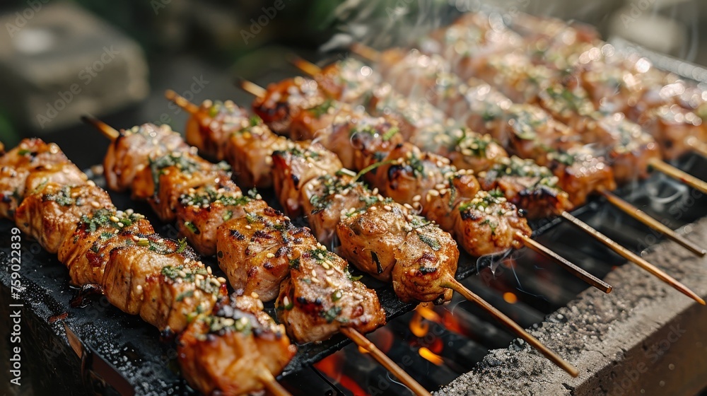 Juicy yakitori skewers are grilling over an open charcoal flame, sprinkled with sesame seeds and green onion, creating an irresistible street food aroma. Juicy yakitori skewers are grilling over an open charcoal flame, sprinkled with sesame seeds and green onion, creating an irresistible street food aroma.