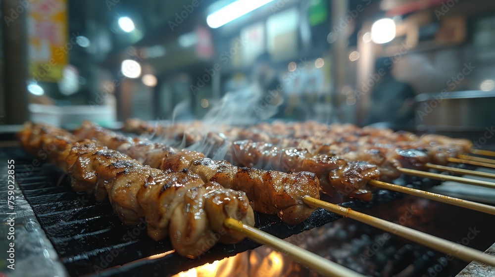 Close-up of yakitori chicken skewers grilling to perfection, with a smoke-filled backdrop of a lively Japanese eatery, inviting a taste of traditional flavors. Close-up of yakitori chicken skewers grilling to perfection, with a smoke-filled backdrop of a lively Japanese eatery, inviting a taste of traditional flavors.