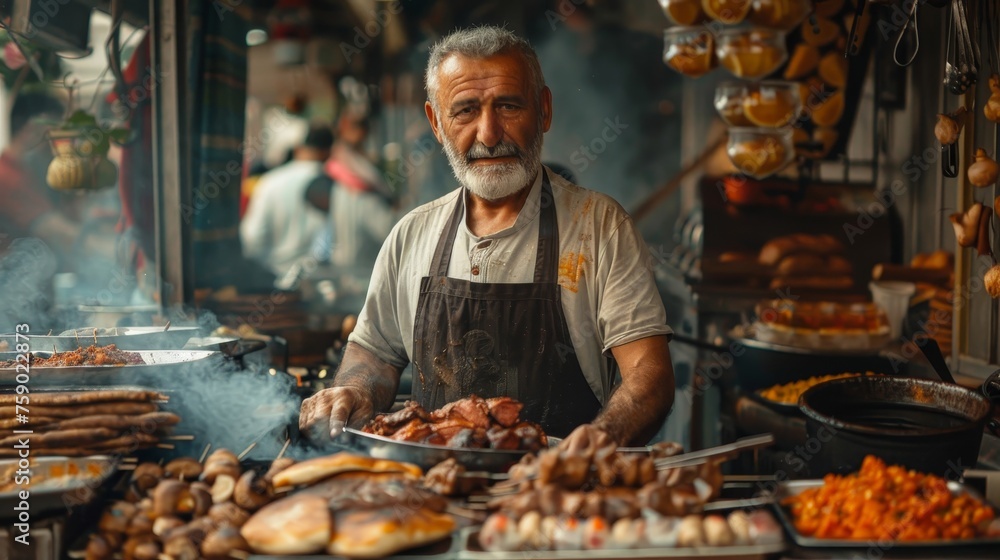 A seasoned chef, with years of experience etched into his face, masterfully tends to a traditional grill station, surrounded by an array of seasoned meats and local dishes. A seasoned chef, with years of experience etched into his face, masterfully tends to a traditional grill station, surrounded by an array of seasoned meats and local dishes.