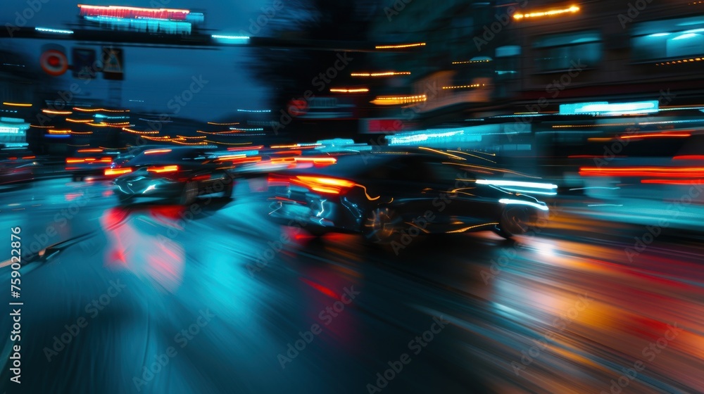 Fast drive moving cars at city road at night with illuminated lights. AI generated image