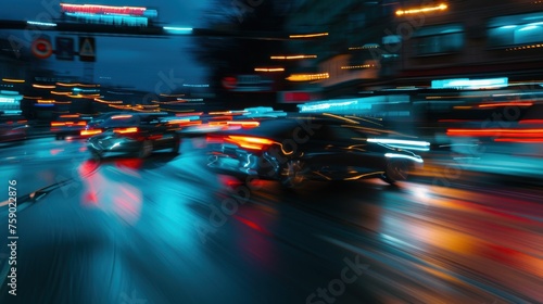 Fast drive moving cars at city road at night with illuminated lights. AI generated image