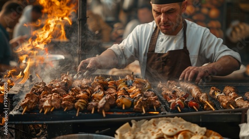 A skilled chef attentively flips skewers on a blazing grill, with flames licking the meat, at a vibrant outdoor market, showcasing the art of barbecue.