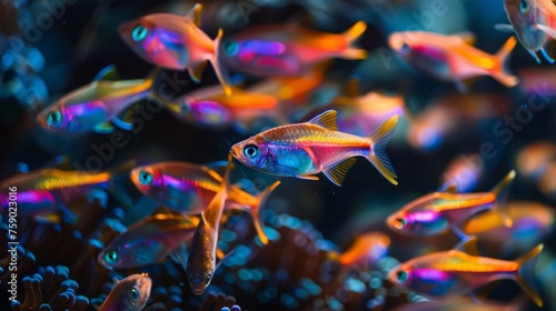 A vibrant school of neon tetra fish glides through the water, their iridescent colors contrasting beautifully with the dark aquatic environment. photo