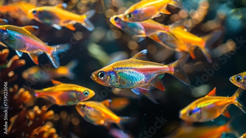A school of colorful tetra fish elegantly navigate through aquatic plants in the peaceful environment of a well-maintained aquarium.