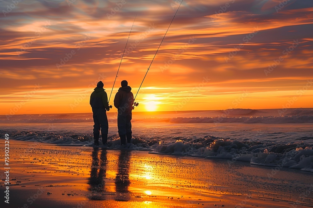 Illustrate the tranquil camaraderie of two friends standing side by side, fishing along the serene North Sea coastline during a captivating sunset. 