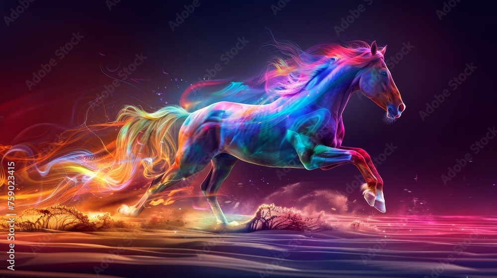 A horse rendered in neon colors gallops through an otherworldly landscape, with energy and fantasy elements highlighting its form.