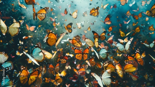 A mesmerizing scene of multicolored butterflies fluttering amidst a surreal blue haze, creating an ethereal and magical atmosphere.